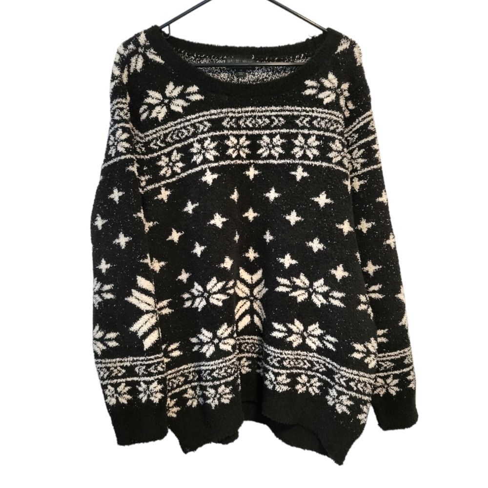 Barefoot Dreams Cozy Chic Black Fair Isle Seaside Crewneck Pullover Sweater 1X